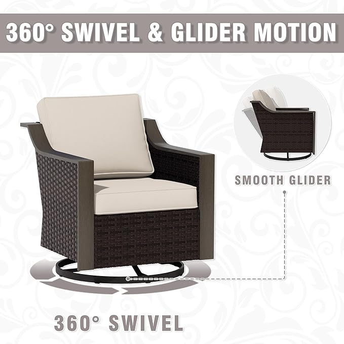 3 Piece Wicker Patio Conversation Set, All-Weather Use Outdoor Wicker Sofa with 2 PE Rattan Swivel Chair, Removable Water-Resistant Cushion, Ideal for Porch, Backyard, Balcony, Poolside, Beige