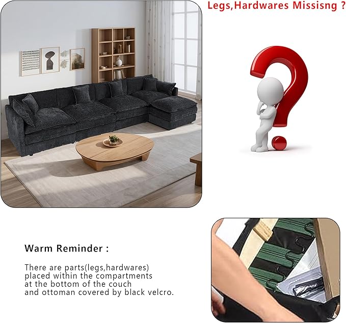 Setawix Deep 4 Seater Couch with Ottoman,147.22" L-Shaped Cloud Couches for Living Room,Chenille Cloud Sofa Couch with Deep Seat,Modular Sectional L Shape 4 Seat Sofa for Bedroom (Black, 4+1)