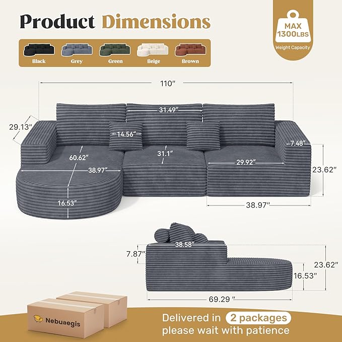 110" Modular Sectional Sofa Couches, Cloud Couches for Living Room, Boneless Sofa with Deep Seat,L-Shape Couch with Chaise,No Assembly Required,Grey,1 PCS