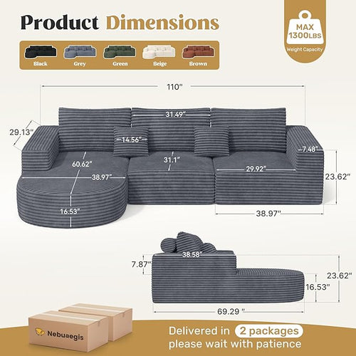 110" Modular Sectional Sofa Couches, Cloud Couches for Living Room, Boneless Sofa with Deep Seat,L-Shape Couch with Chaise,No Assembly Required,Grey,1 PCS