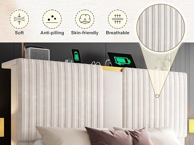 Homkdom King Size Bed Frame with Velvet Storage Headboard, 2 Large Drawers & 3 Charging Ports, 51.3" Tall King Bed Frame, Sturdy Wood Slats, No Box Spring Needed, Beige