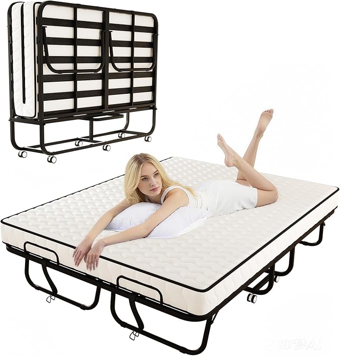 79" x 59" Full Size Folding Bed with Mattress for Adults, 5 Inch Memory Foam Mattress, Portable Foldable Rollaway Guest with Strong Metal & Wood Frame