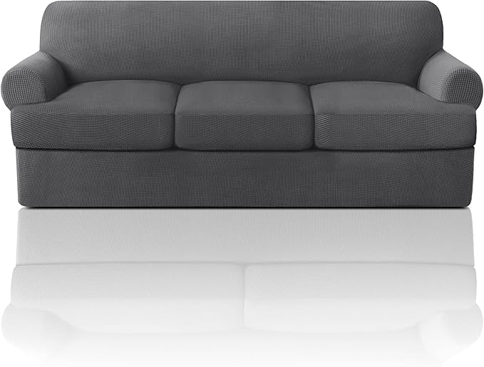 PrinceDeco T Cushion Sofa Slipcover 4 Pieces Sofa Covers for T Cushion Couch Soft Sofa Slip Covers Furniture Protector with 3 Individual T Shape Seat Covers (70"-88") Washable, Grey