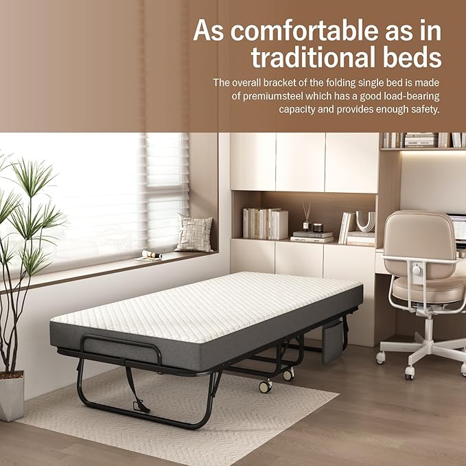 Folding Bed with Mattress for Adults, 75" x 38"Portable Twin-Size Rollaway Bed, Metal Frame Foldable Guest Bed with Memory Foam Mattress,Deluxe Single Beds with Side Storage Pocket