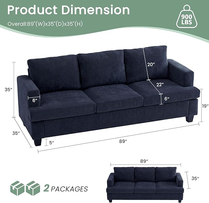 YOUDENOVA 2 Piece Set Comfy Sofa Couch, 3-Seater Sofa * 2 with Deep Seats, Modern Sleeper Couch for Living Room, Navy Chenille
