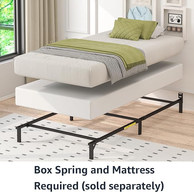 Amazon Basics Metal Twin Size Bed Frame, 6-Leg Base for Box Spring and Mattress Support, Tool-Free Easy Assembly, Black