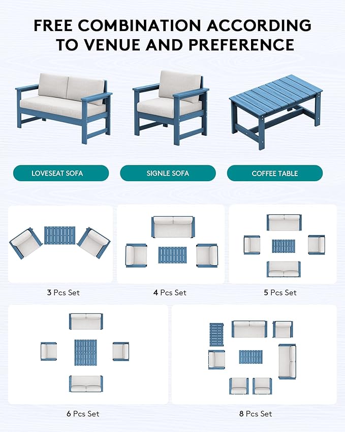 SERWALL 2 Pieces Single Cushioned Lounge Chair, Blue HDPE Outdoor Adirondack Sofa Armchair with Khaki Cushion