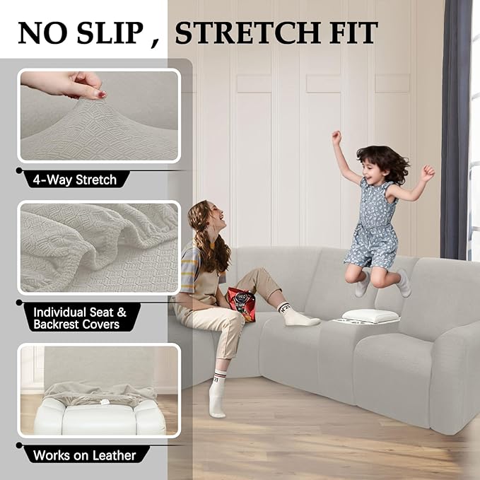 Waterproof Reclining Sectional Couch Covers Washable L Shaped Couch Cover for Sectionals Recliner Sofa Covers Stretch Corner Recliner Slipcovers for Dogs (5 Seater 2 Console Cover, Khaki)