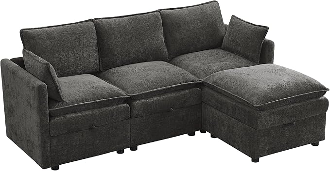 105" Cloud Modular 4 Seater Sofa with 2 Storage Ottoman, Modern Upholstered Sofa Storage Sofa Couch Deep Seat, U Shape Sectional Sofa Chenille Comfy Couch with Armrests for Living Room, Dark Grey | Modular Sofa, 2 Storage Ottoman, Upholstered Sofa, Sec...