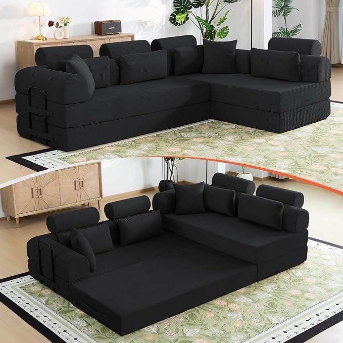 Boneless Sectional for Small Spaces, 106” L Shaped Couch from Two 70.87” Modules, Reconfigures to 141.7” Straight Sofa, Corduroy Compressed Couch in a Box with Headrest Back Pillows, Black