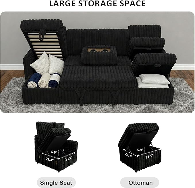 104" U Shaped Sleeper Sofa Bed, Sectional Couches for Living Room, Plush Corduroy Pull Out Couch Bed with Storage, Modular Sectional Couch with Charging Station, Cup Holder, Side Pocket, Black