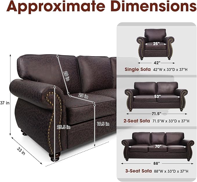 Living Room Furniture Sets,Sofa Sets and Couch Sets for Living Room,Mid-Century Vintage Sofa Couches with Rivet Design (Brown, Single+Loveseat+3 Seater)