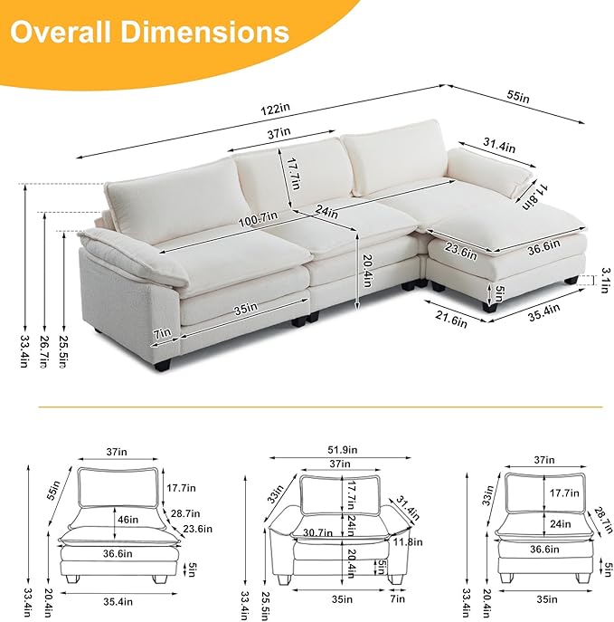 Karl home Sectional Sofa Modular Deep Seat Sofa Couch with Ottoman, Teddy Fleece Sofa Sleeper Comfy Upholstered Furniture for Living Room, Apartment, Studio, Office, (3-Seat & 1-Ottoman, Teddy Beige)
