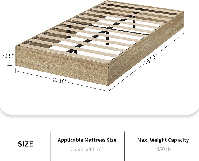 Wood Platform Bed with Sturdy Wooden Slats, Twin Size Floor-Standing Bed Frame, Modern Minimalist Design Space-Saving Bed Frame, No Box Spring Needed, Easy Assembly