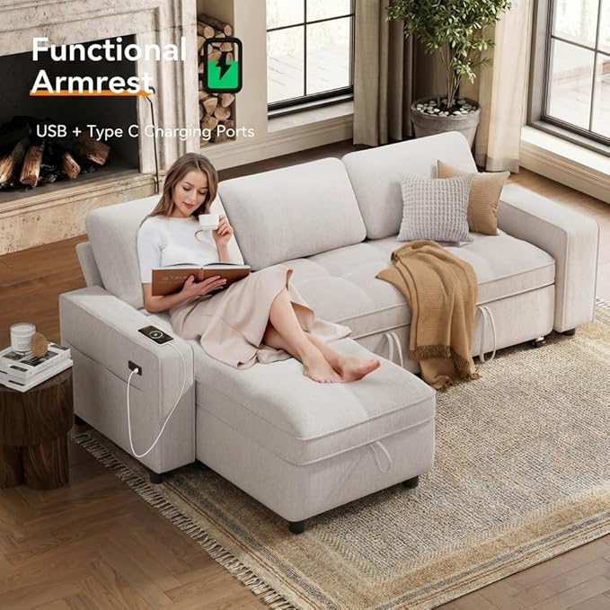 WEUP Modular Sectional Sleeper Sofa Bed, 81" L-Shaped Couch Bed with Adjustable Backrest, Pull Out Couch with Reversible Chaise Storage, USB Charging & Tool-Free Assembly, Chenille Beige | Breathable material, Tool-Free Assembly, Reclining Backrest