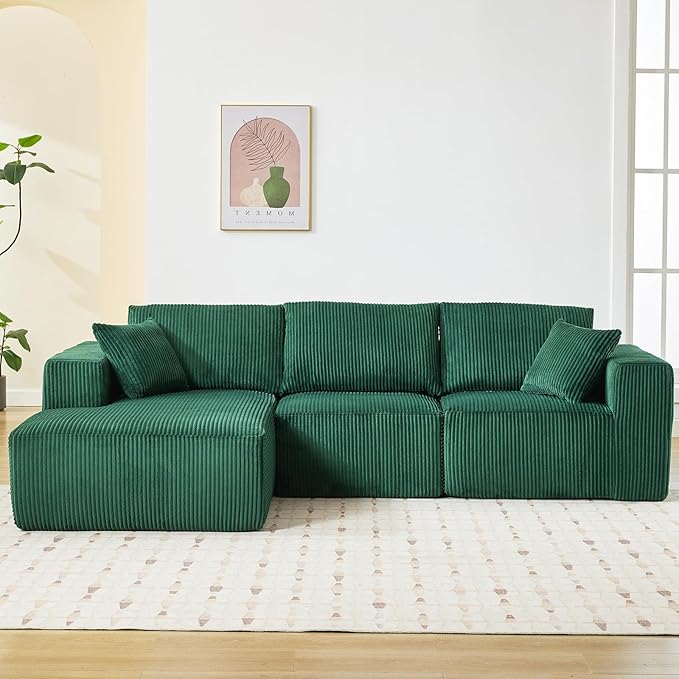 Sectional Cloud Boneless Couch 108" Modern Comfy L-Shape No Assembly Required Convertible Compression Sleeper Modular Sofa with Corduroy Fabric Deep Seat Loveseat + Chaise for Living Room