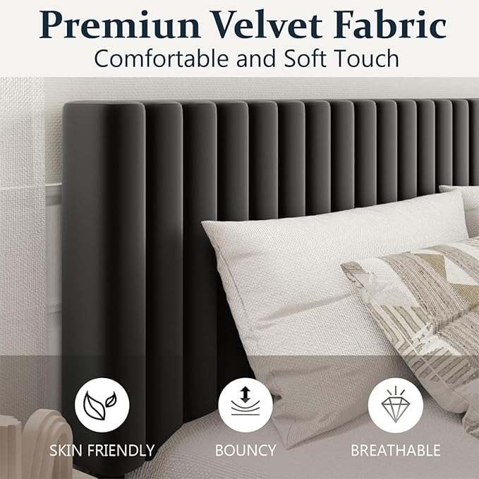 HAOARA Queen Size Platform Bed Frame with Velvet Upholstered Headboard, Queen Bed Frame with Strong Wood Slats, Box Spring Optional, Mattress Foundation, Easy Assembly Black
