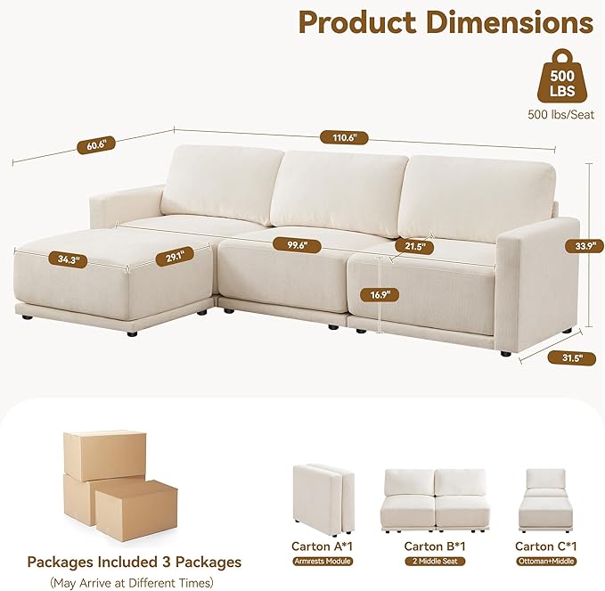 110.6" L Shaped Modular Sectional Sofa Modern Chenille Comfy Couch with Thickened Seat Cushions, Easy Assembly, Upholstered 4 Seater Couch with Movable Ottoman for Living Room, White