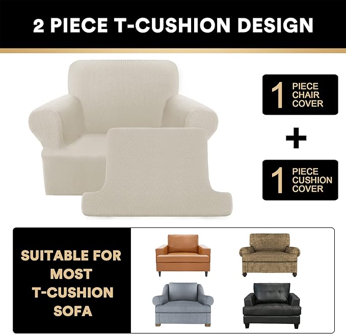 PrinceDeco 2 Pieces T Cushion Chair Slipcover Stretch Couch Covers for T Cushion Sofa Slipcovers Chair Covers for Armchair with 1 Individual T Shape Seat Covers (29"-40")- Island Fossi