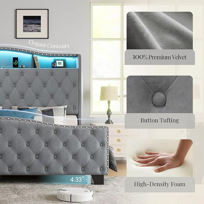 Belffin Queen Size Bed Frame and Headboard, 50.9" Velvet Upholstered Wingback Bedframe with LED Lights & Storage/Charging Station, Button Tufted Tall Footboard, No Box Spring Needed, Noise-Free, Grey