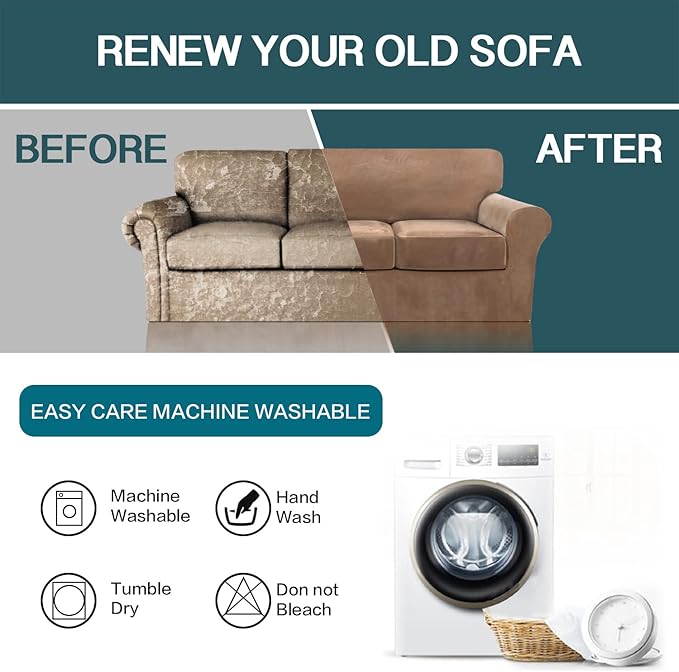 FantasDecor 4 Piece Sofa Velvet Couch Covers for 3 Cushion Stretch Slipcover with Individual Seat Cushion Elastic Furniture Protector for Pets, Machine Washable (Sofa, Luggage)