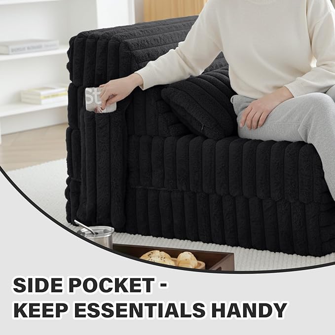 Tiita Folding Sofa Bed Single Size, Convertible Sleeper Chair Mattress with Pillow, Thick Corduroy Floor Mattress Couch Bed with Side Pocket, Guest Room, Dorm, Apartment, Black