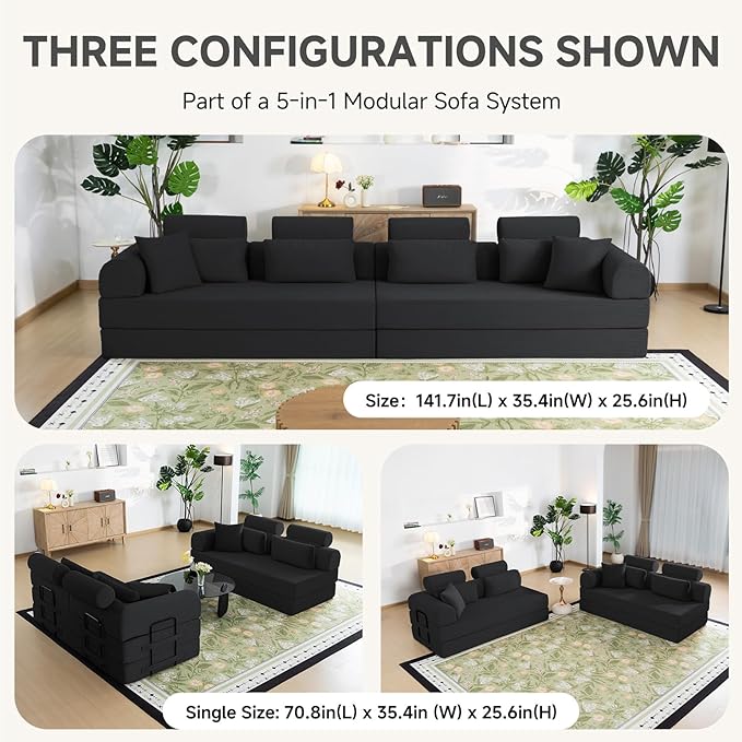 106” L Shaped Boneless Sectional Couch, Two 70.87” Pieces Convert to 141.7” Extra Long Straight Sofa, Corduroy Couch in a Box with Headrest and Back Pillows for Apartment Living Room,Black