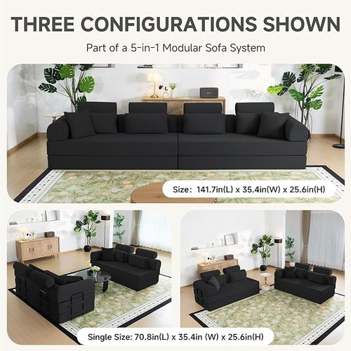 106” L Shaped Boneless Sectional Couch, Two 70.87” Pieces Convert to 141.7” Extra Long Straight Sofa, Corduroy Couch in a Box with Headrest and Back Pillows for Apartment Living Room,Black