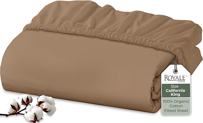 Royale Linens 100% Organic Cotton Fitted Sheet - Percale Weave - Super Soft Deep Pocket Bottom Sheets - Elastic Sheet King Cal Size -California King Fitted Sheets Only - (72"x84"+15", Chocolate)