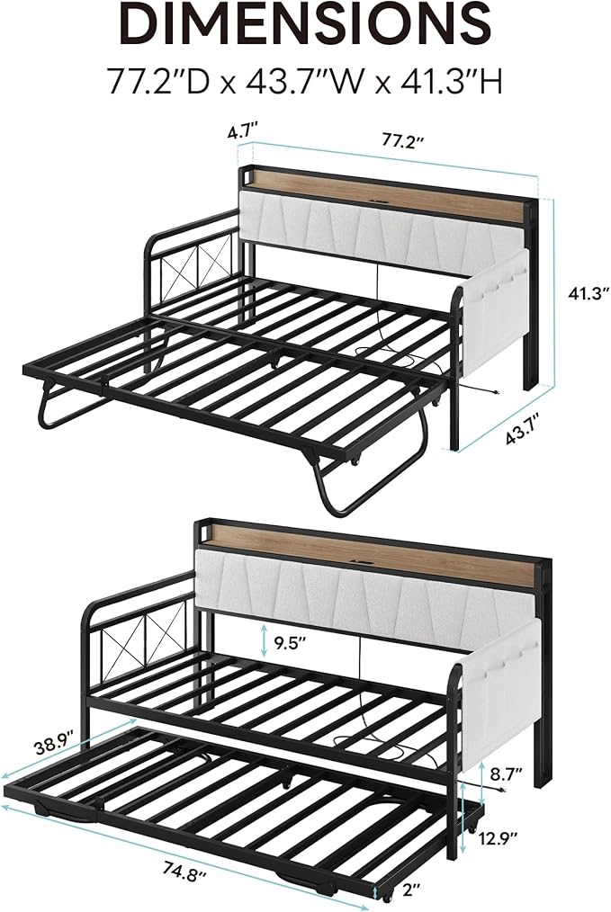 LIKIMIO Daybed with Trundle Bed, Twin Bed Frame with Storage Boucle Headboard and Charging Station, Sofa Day Bed with Strong Supports for Living Room, Bedroom, and Guest Room, Cream