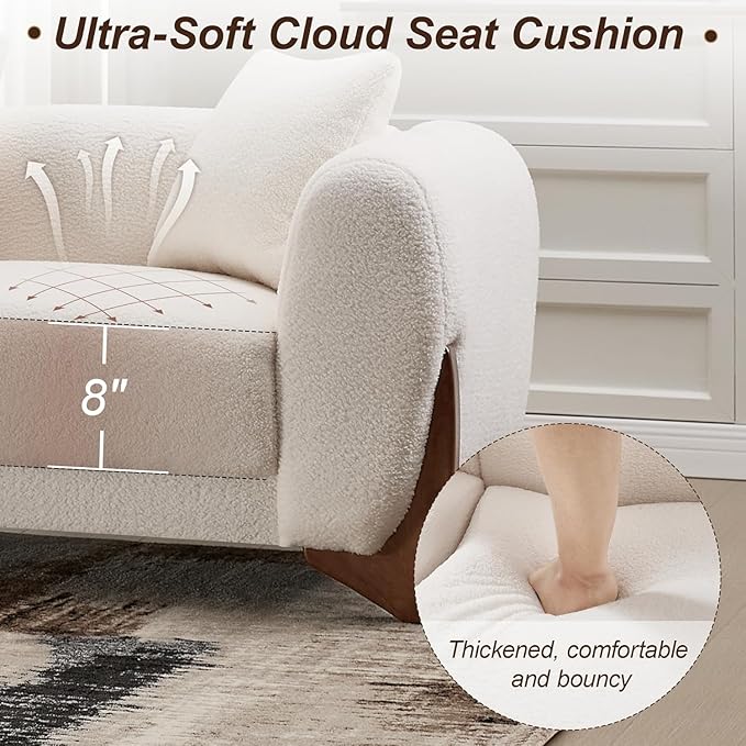 87" Sherpa Boucle 3 Seater Sofa Modern Cloud Couch with Solid Wood Legs, 25in Extra Deep Seat, Comfy Thick Cushion Upholstered Sofa Couches with 3 Pillows for Living Room, White