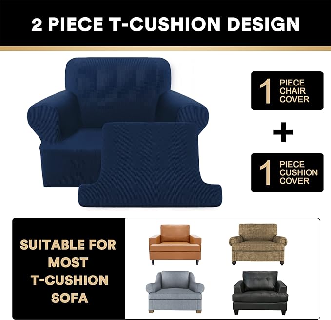 PrinceDeco 2 Pieces Armchair Slipcover Stretch Couch Covers for T Cushion Chair Slipcovers Soft Arm Chiar Cover Furniture Covers with 1 Individual T Shape Seat Covers Width Up to 40"- Navy