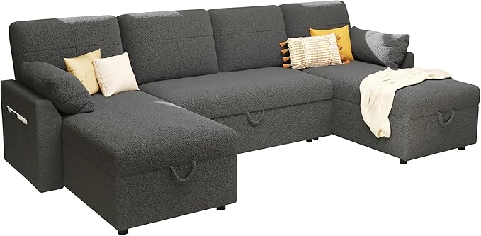 VanAcc Sleeper Sofa, 110 inch Oversize - 2 in 1 Pull Out Bed, Sectional Sleeper Sofa with Double Storage Chaise for Living Room, Grey Linen Couch