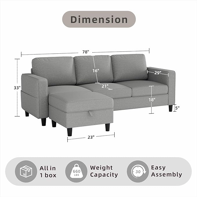 Sectional Sofa and Couches for Living Room, 78'' Light Grey 3 Seat L-Shaped Couch with Movable Ottoman, Comfy Linen Convertible Sectionals Sofas with Chaise for Apartment, Dorm, Small Space