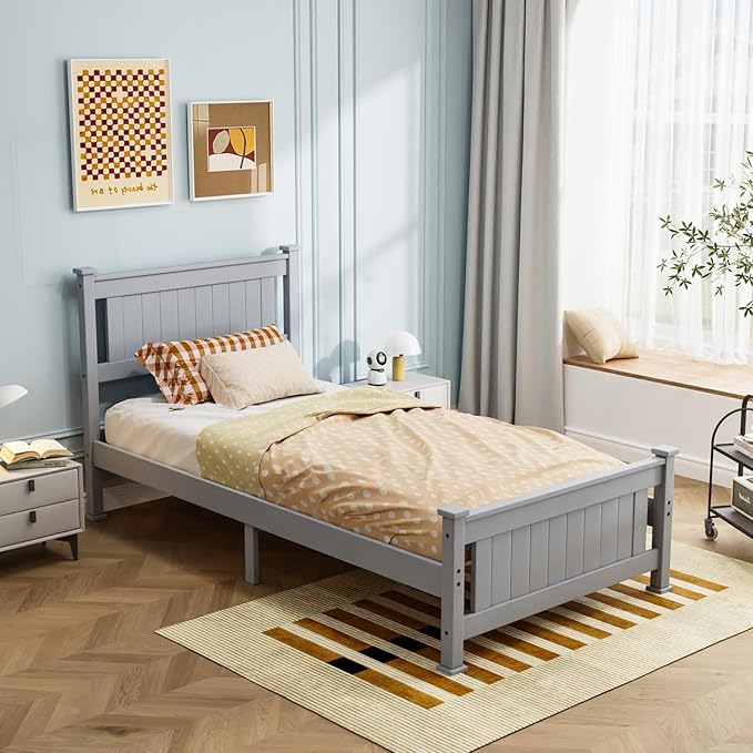 VINGLI Twin Bed Frame Solid Wood Platform Single Bed with Headboard, No Box Spring Needed Panel Bed, Wood Slat Support Mattress Foundation, Gray