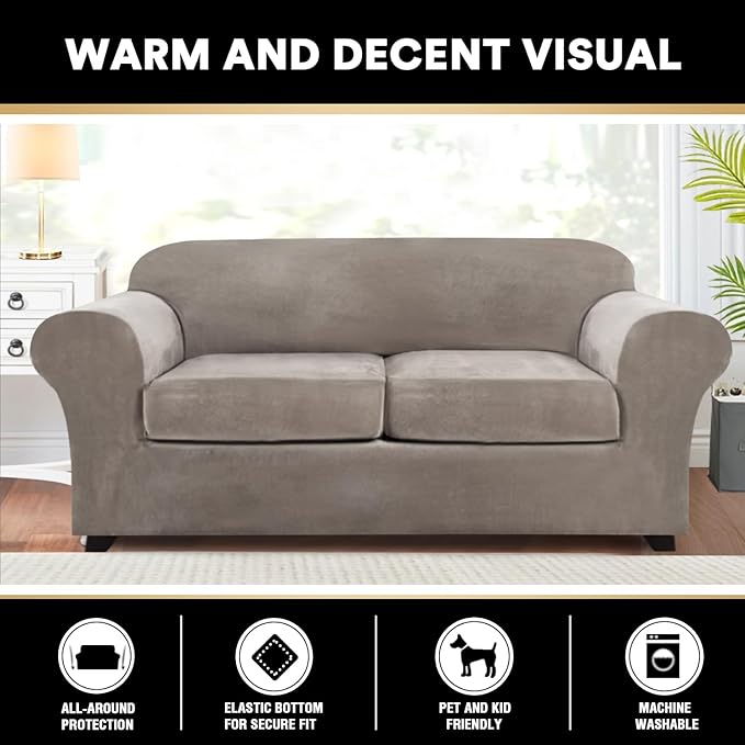 PrinceDeco Couch Cover Velvet Plush Sofa Covers for 2 Cushion Couch Width Up to 90 Inch Washable Furniture Protector Pet Friendly No Slip Sofa Slipcover(Medium-Large,Taupe)
