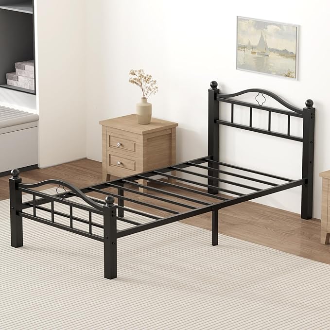 Metal Twin Bed Frames, 1500lb No Squeak Metal Platform with Headboard, 12" Underbed Storage, Tool-Free 30-Min Assembly No Box Spring Needed for Dorms/Apartments