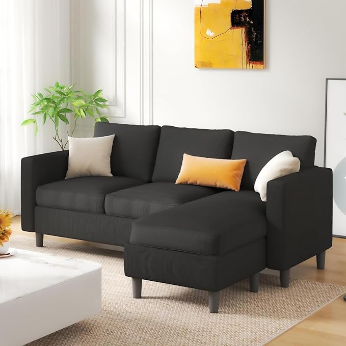 JAMFLY Couches for Living Room, 3-Seat Reversible Sectional Sofa with Convertible Ottoman, Modern Ribbed Fabric L-Shaped Couch for Small Apartment, Studio & Office, Easy Assembly, Black