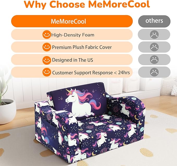 MeMoreCool Kids Folding Couch – Purple Unicorn Toddler Chair, Fold-Out 2-in-1 Sofa Bed Comfy Foam Seating, Washable Cover, Armrests & Side Pocket for Playroom or Nursery Ages 1–3