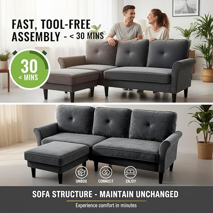Sofas for Living Room, 83" Velvet Sectional Couch with Moveable Ottoman, Midcentury Modern Small Sectional Couch, L Shape Sofa & 2 Seater, Couches for Living Room, Apartment, Bedroom, Grey