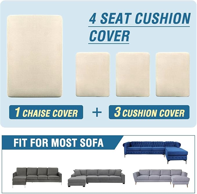 H.VERSAILTEX Sectional Couch Covers 4 Pieces Sofa Seat Cushion Covers L Shape Separate Cushion Couch Chaise Cover for Both Left/Right Sectional Couch (Seat Only: 1 Chaise + 3 Sofa, Cream)
