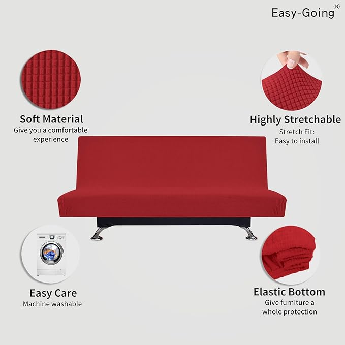 Easy-Going Stretch Futon Slipcover Armless Futon Bed Cover Furniture Protector Without Armrests with Elastic Bottom for Kids, Soft Jacquard Fabric Small Checks (Large, Christmas Red)