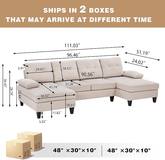 111" Sectional Couch for Living Room, Modern Polyester Fibre U Shaped Sofa Couches with Double Chaise, Upholstered 4 Seater Sofa for Living Room, Apartment, Office, Beige