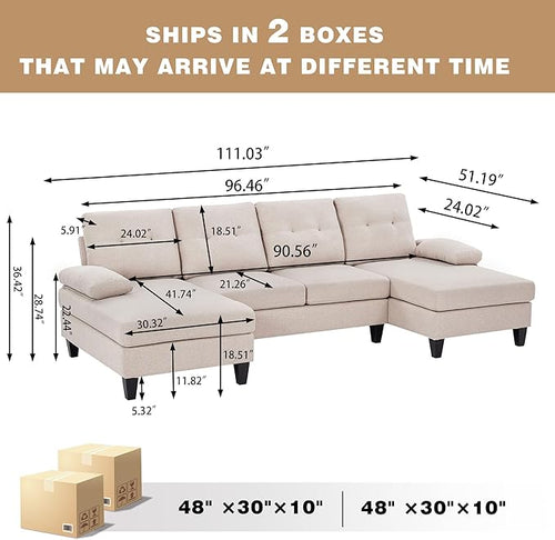 111" Sectional Couch for Living Room, Modern Polyester Fibre U Shaped Sofa Couches with Double Chaise, Upholstered 4 Seater Sofa for Living Room, Apartment, Office, Beige