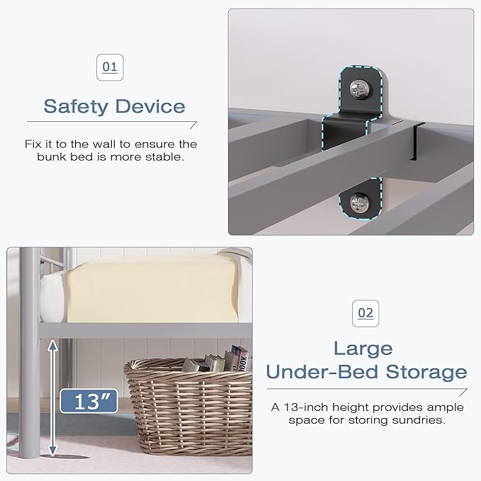VECELO Bunk Bed Twin Over Twin, Metal Bunkbeds with Ladder and Full-Length Guardrail, No Box Spring Needed, Space Saving, Noise Free, Grey