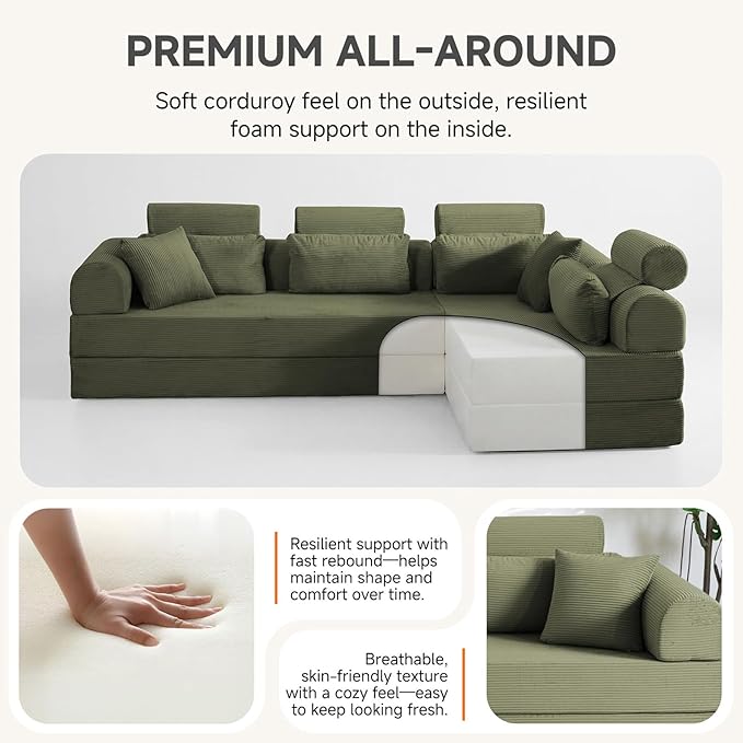 Boneless Sectional for Small Spaces, 106” L Shaped Couch From Two 70.87” Modules, Reconfigures to 141.7” Straight Sofa, Corduroy Compressed Couch in a Box With Headrest Back Pillows, Light Green