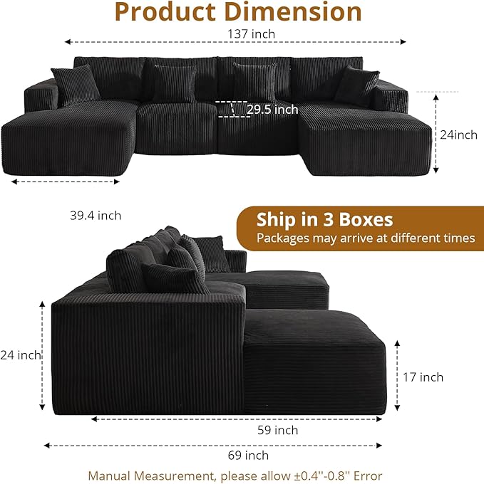 Sectional Cloud Boneless Couch 137" Modern Comfy U-Shaped No Assembly Required Convertible Compression Sleeper Modular Sofa with Corduroy Fabric Deep Seat Single + Chaise for Living Room