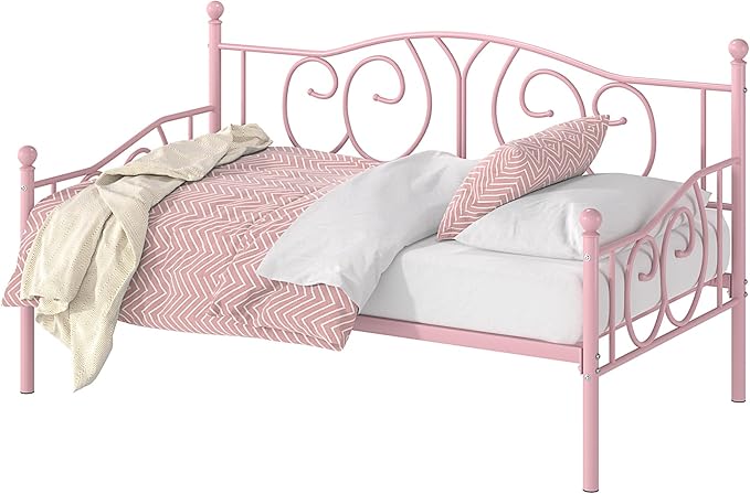 VECELO Metal Daybed Frame Multifunctional Platform Bed Sofa Mattress Foundation with Classic Headboard, Twin, Pink
