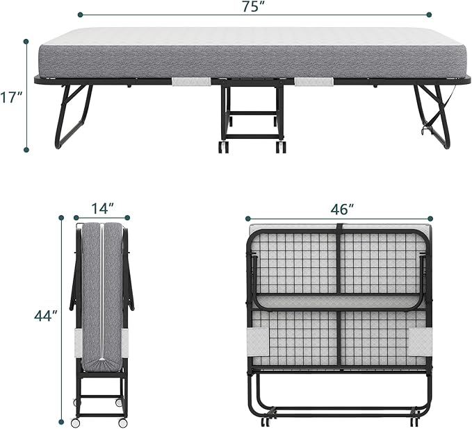 Espsilto Folding Bed with Mattress for Adults, Large Size 75" x46'' Roll Away Foldable Portable Fold up Bed for Guest, No Sagging Frame