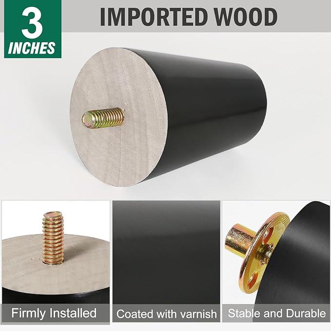 FoDau770 Black Rubber Wood Furniture Legs 3 Inches, Straight Tapered Wood Feet Mid Century Sofa Legs Set of 8, 5/16" UNC Furniture Feet for Cabinet Couch Dresser Chair Ottoman Table